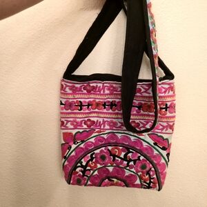Embroidered Pink and Black Women's Bag
